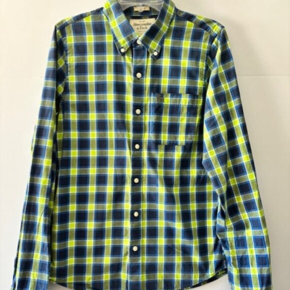 Abercrombie Fitch L Blue Green Muscle Fit Check Retro Campus Core Vibrant - Picture 1 of 6